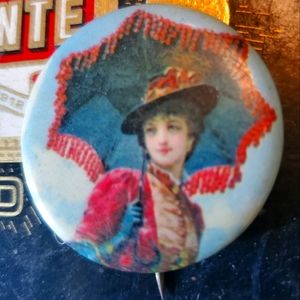 VINTAGE Victorian Woman w/ Umbrella Pin Button